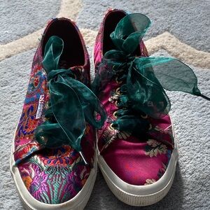 Superga Floral Satin Low-Top Sneakers with Teal Ribbon Laces.